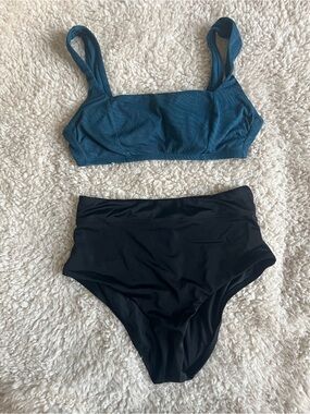 Shade & Shore Teal Bikini Top with Black High-Waist Bottom Medium NWT